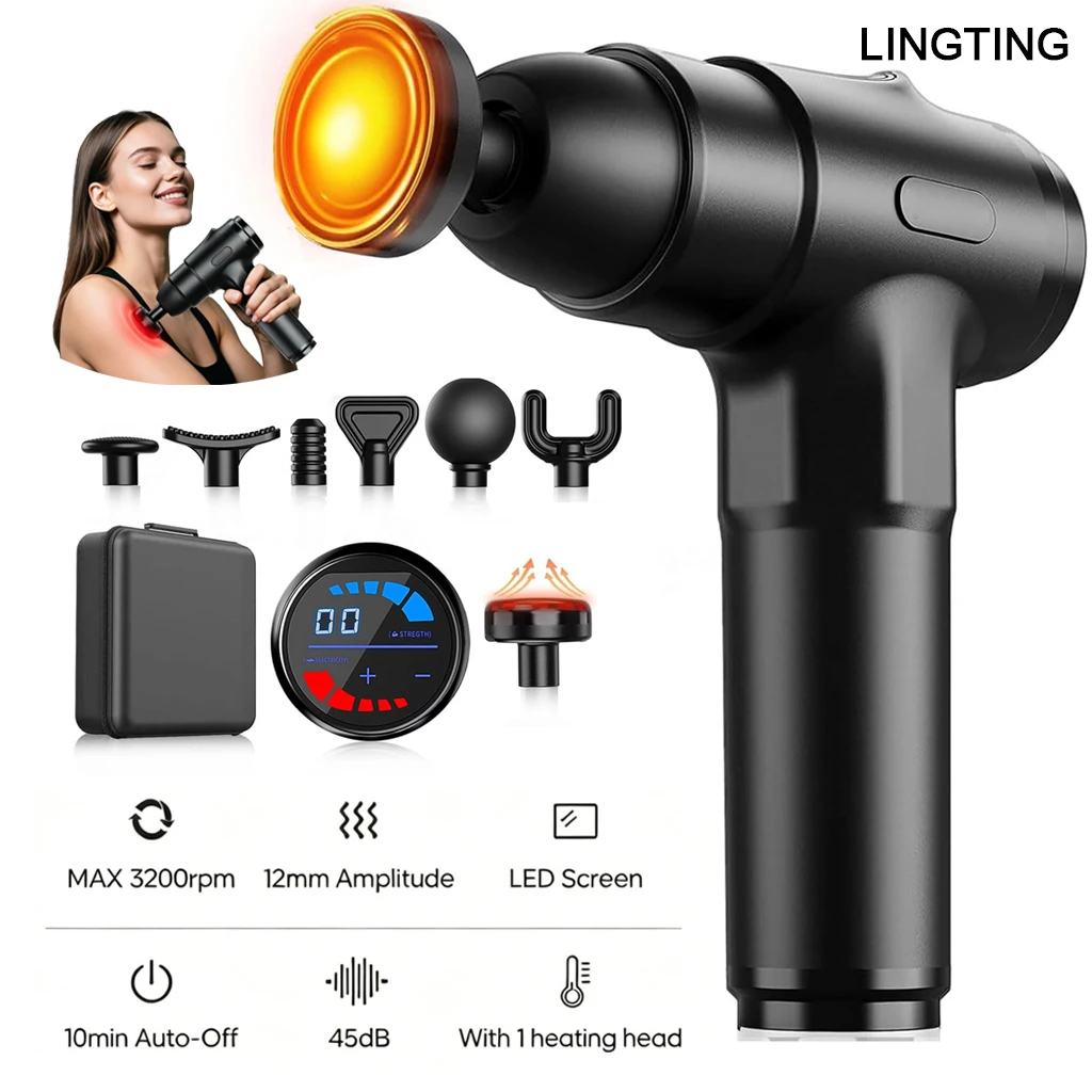 LINGTENG Heating Massage Gun, Deep Tissue Massage Gun, Back and Neck Massager, Muscle Percussion Massager, Silent Fascia Gun, Handheld Massager, 7 Massage Heads, Comes with a Storage Case, Christmas Gift, Birthday Gift, Sports Gift