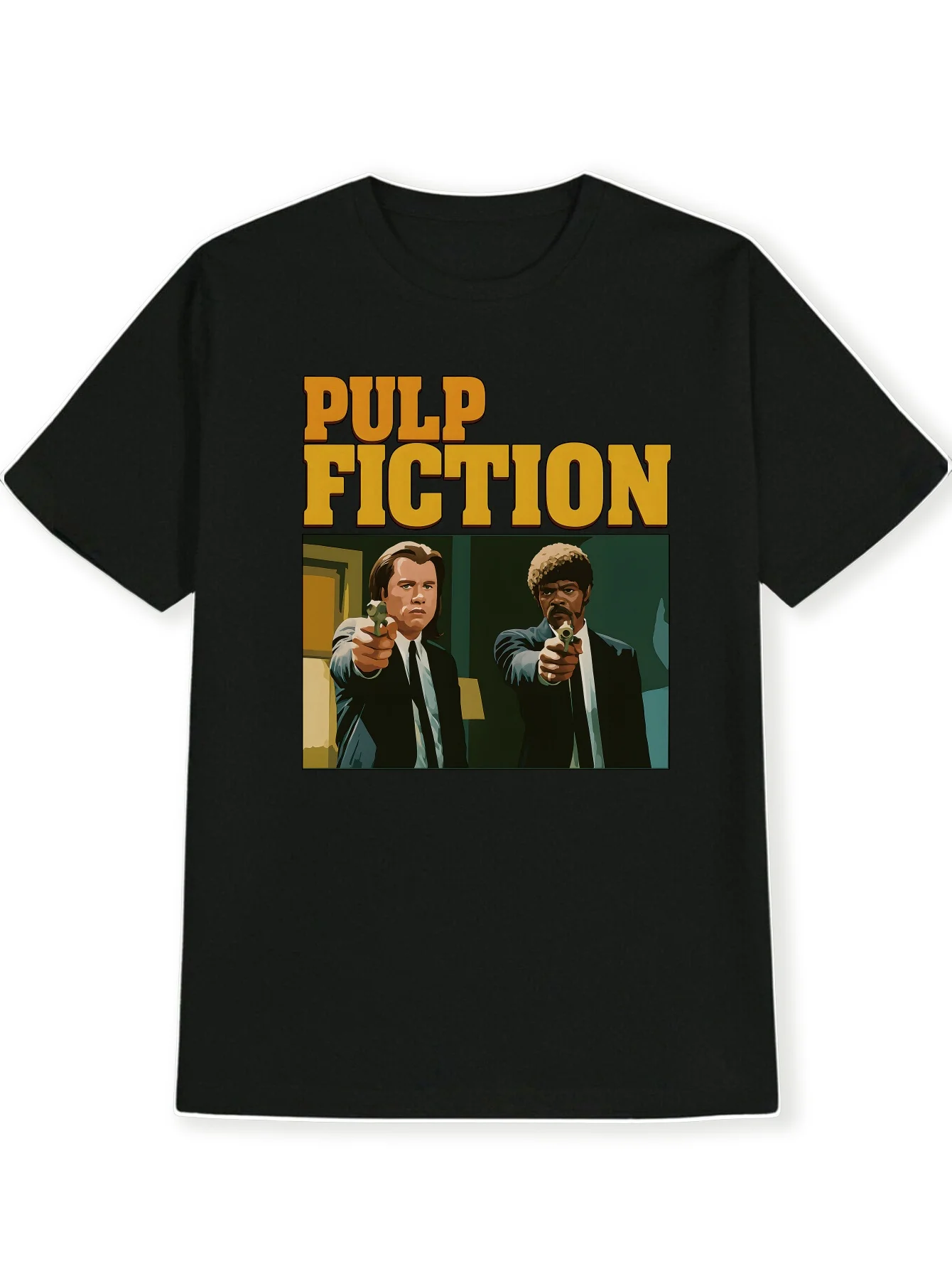 تي شيرت رجالي برسومات فيلم Pulp Fiction أسود مع أصفر Gunmen طباعة ريترو سينما تي شيرت عادي مناسب برقبة دائرية كاجوال