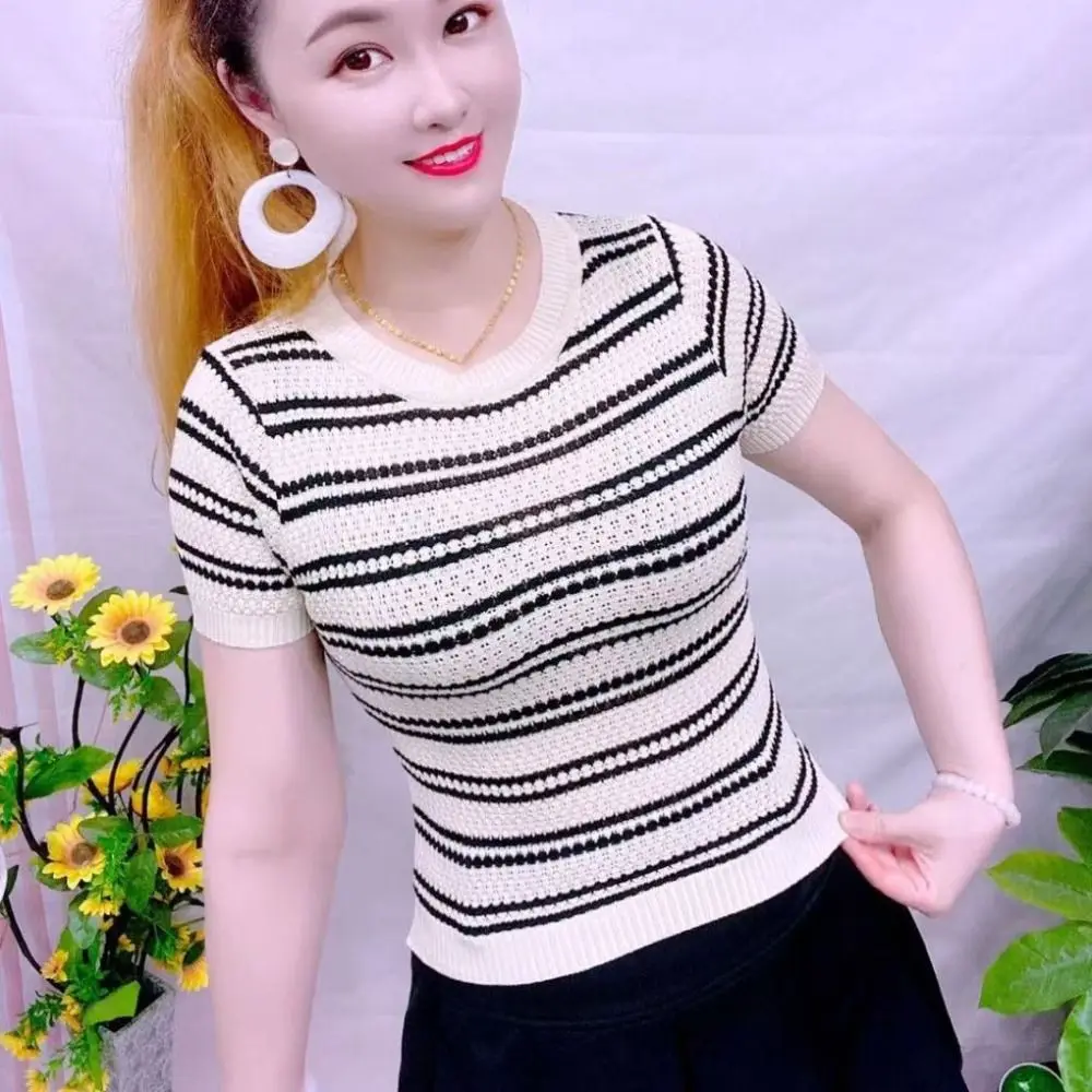 

Ins Short Sleeve Crop Top Sweet Slim Fit Stripe Knitted T-shirt Female Clothing Bottoming Shirt Knitwear Women Female