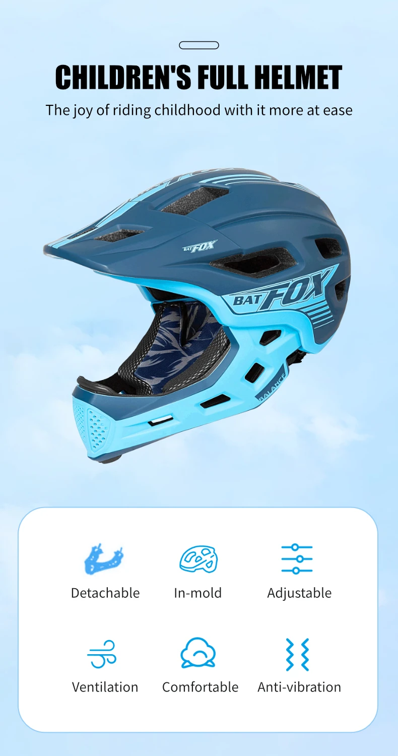 BATFOX Kinder Vollgesichts-Fahrradhelm Abnehmbarer Kinnriemen Stoßabsorbierende Schale Sicherheitszertifizierter Rad- und Rollerhelm für Kinder – Detail 1