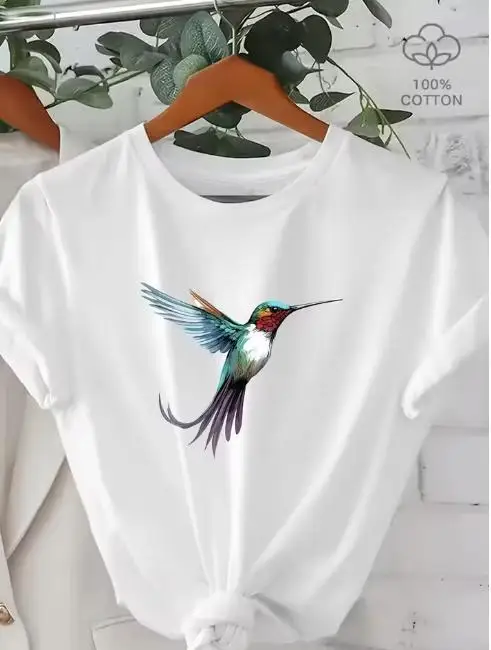Women Watercolor Hummingbird T Shirt Colorful Flying Hummingbird Graphic Casual Short Sleeve White Tee Tops