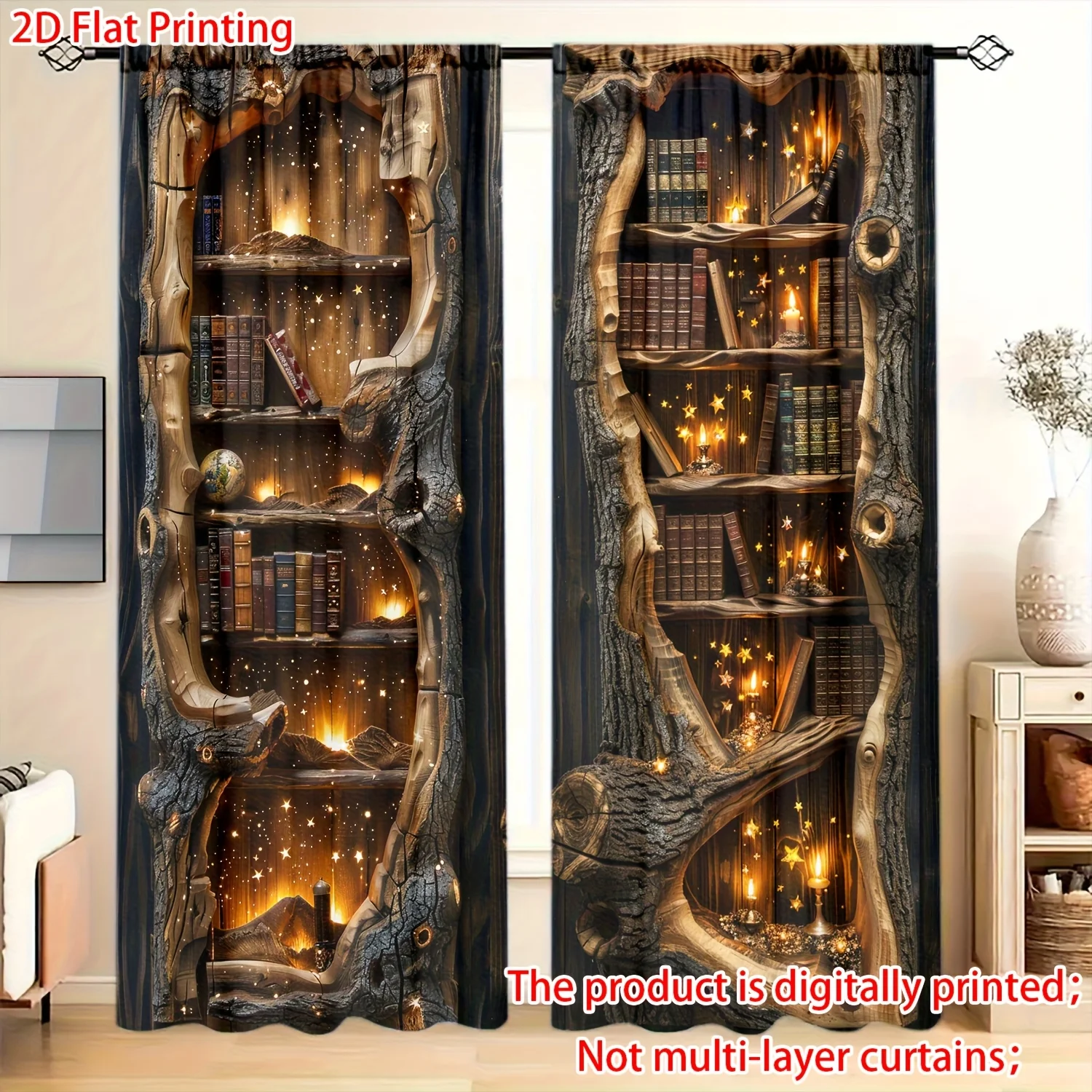 

2PC 2D Tree Hollow Print Curtains - Rod Pocket Drapes for Bedroom, Living Room & Study, Flat Digital Home Decor