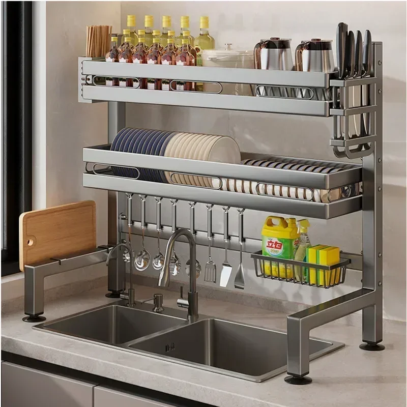 Multifunctional Dish Drainer Kitchen Sink Dishwashing Rack Double Layers Carbon Steel Storage Shelf Breathable Cutler Organizer view 2