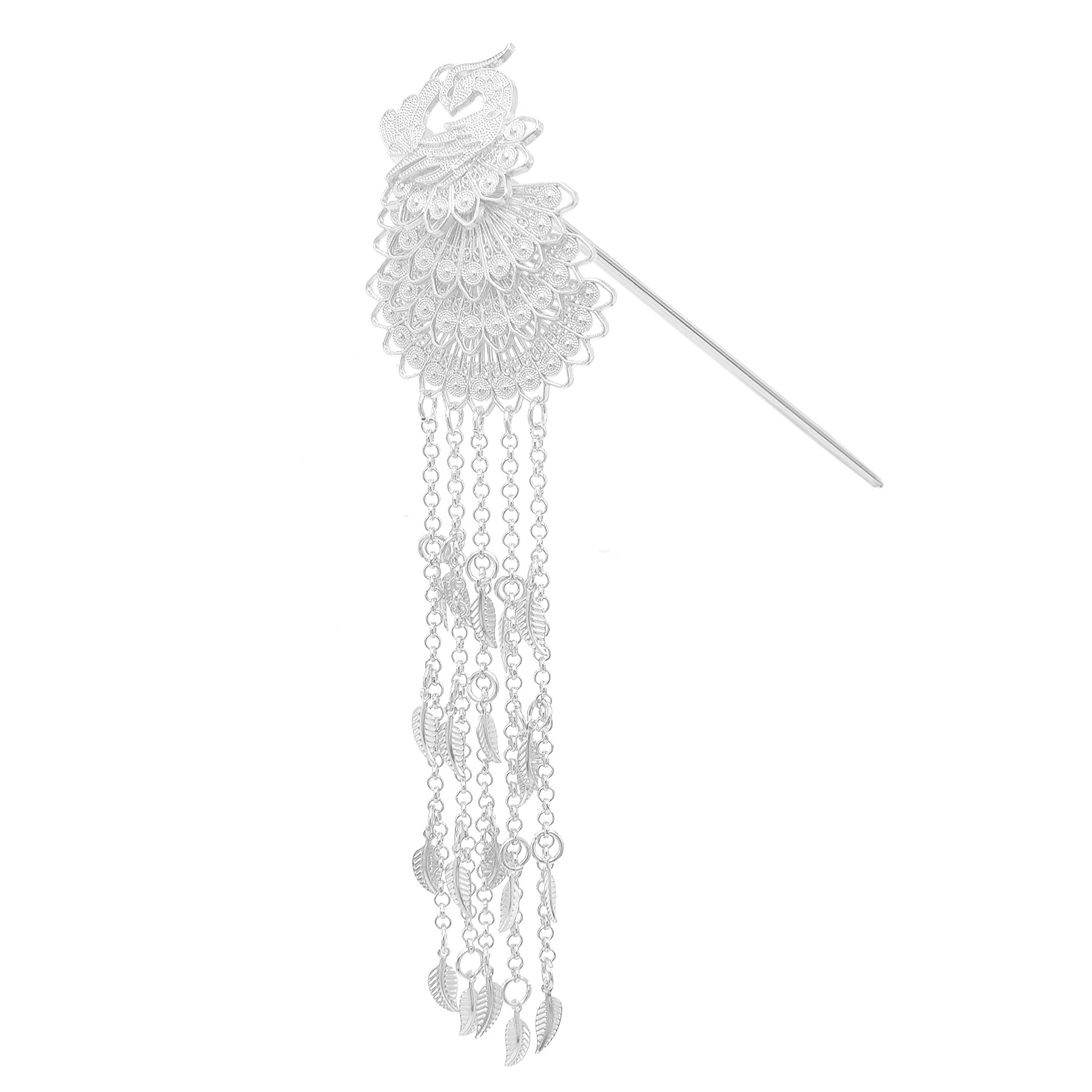 Gold Color Long Chain Leaf Tassel Hairpin for Women Peacock Chinese Traditiona Metal Stick Vintage Ethnic Hair Fork Hair Jewelry