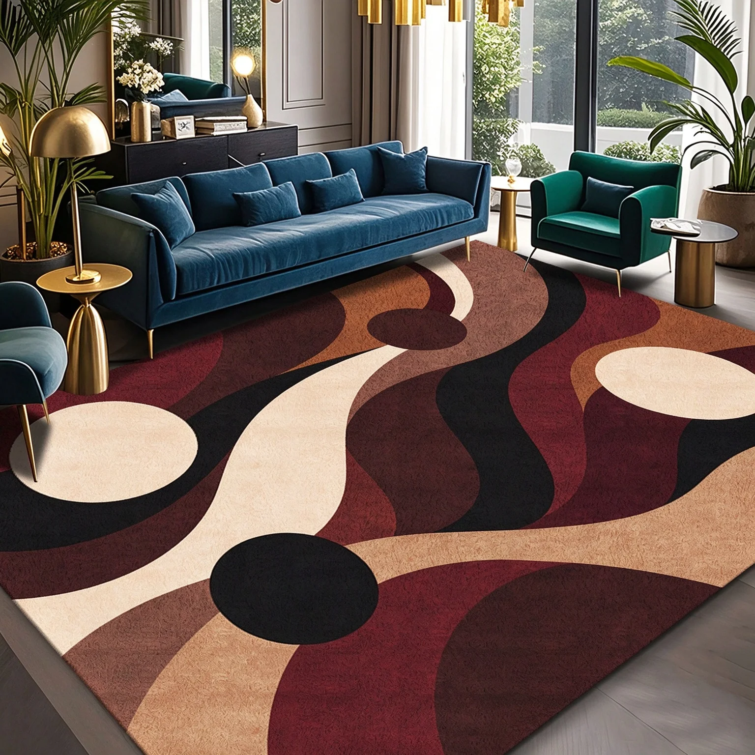[2D Flat]1pc Modern Abstract Area Rug, Brown Black Geometric Wave Pattern, Suitable for Living Room, Bedroom, Entryway, Study, Home Decor, Living Room Rug