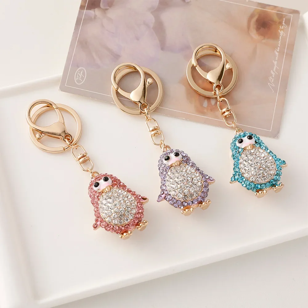 Crystal Penguin Rhinestone Keychain Antarctic Cute Animals Charm Hollow Out Pendant Car Keys Holder Women Bag Keyring Accessory