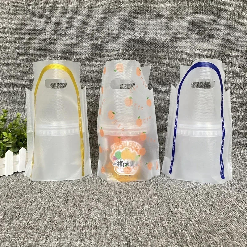 100PCS 1000ml Packaging Bag Fruit Bucket Handbag 98 Caliber Beverage Bag Single Cup Double Cup Translucent Beverage Delivery Bag