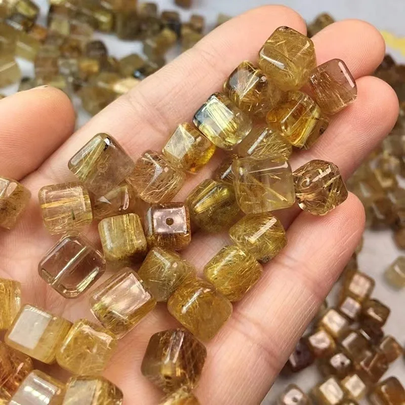 Top‑Grade Titanium Rutilated Quartz Cube Bead Genuine Natural Gemstone For Bracelet Inlay DIY Unisex Jewelry Accessorie