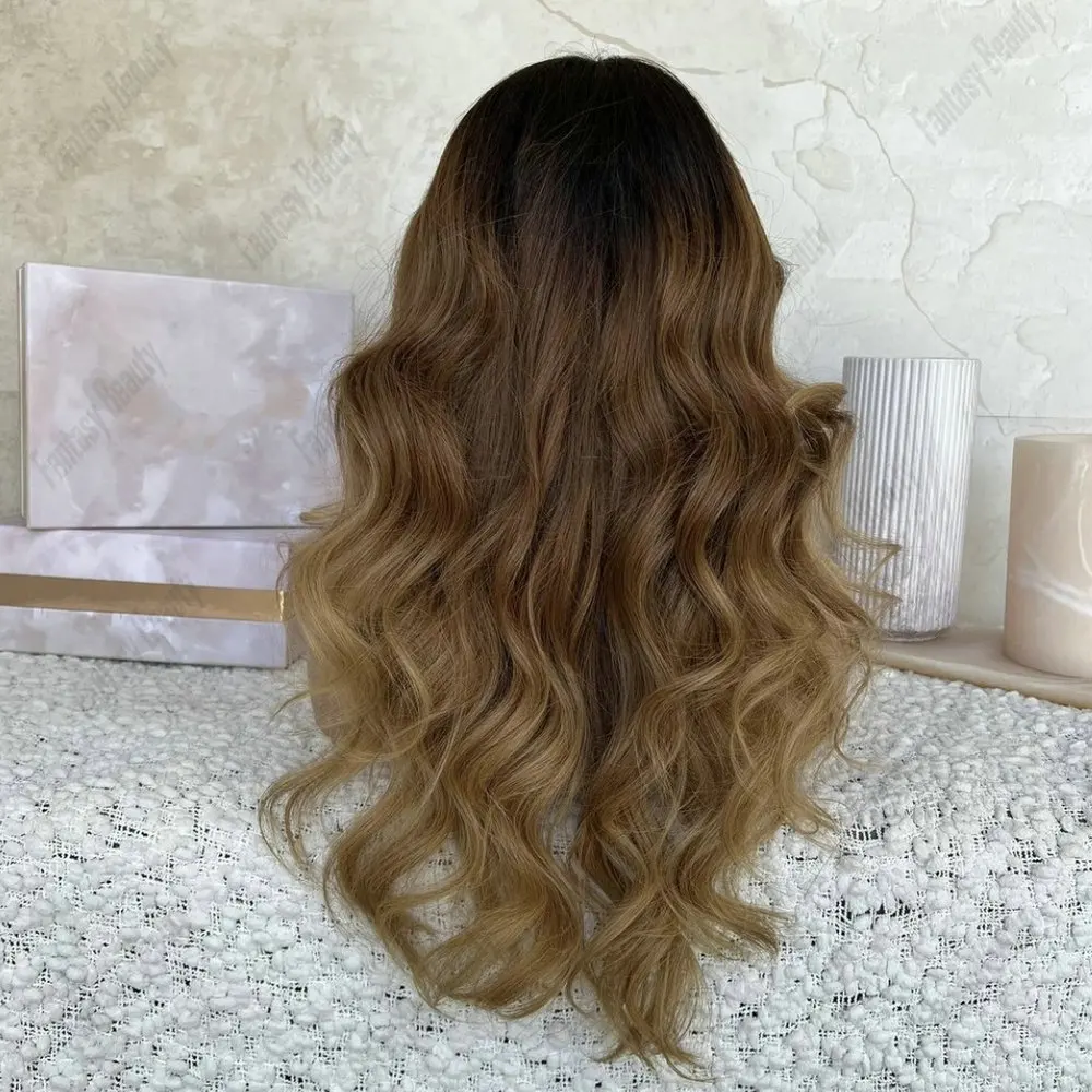 Wig Bagian V Ukuran 1X4 Gelombang Tubuh Rambut Manusia untuk Wanita Wig Bagian U Tanpa Lem Coklat Muda Ombre Wig Rambut India Remy Buatan Mesin Penuh