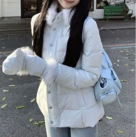 Gentle and Stylish Outfit with Fur Collar, Slim Fit and Beautiful Cotton Jacket, Women's Winter Style Unique and Chic