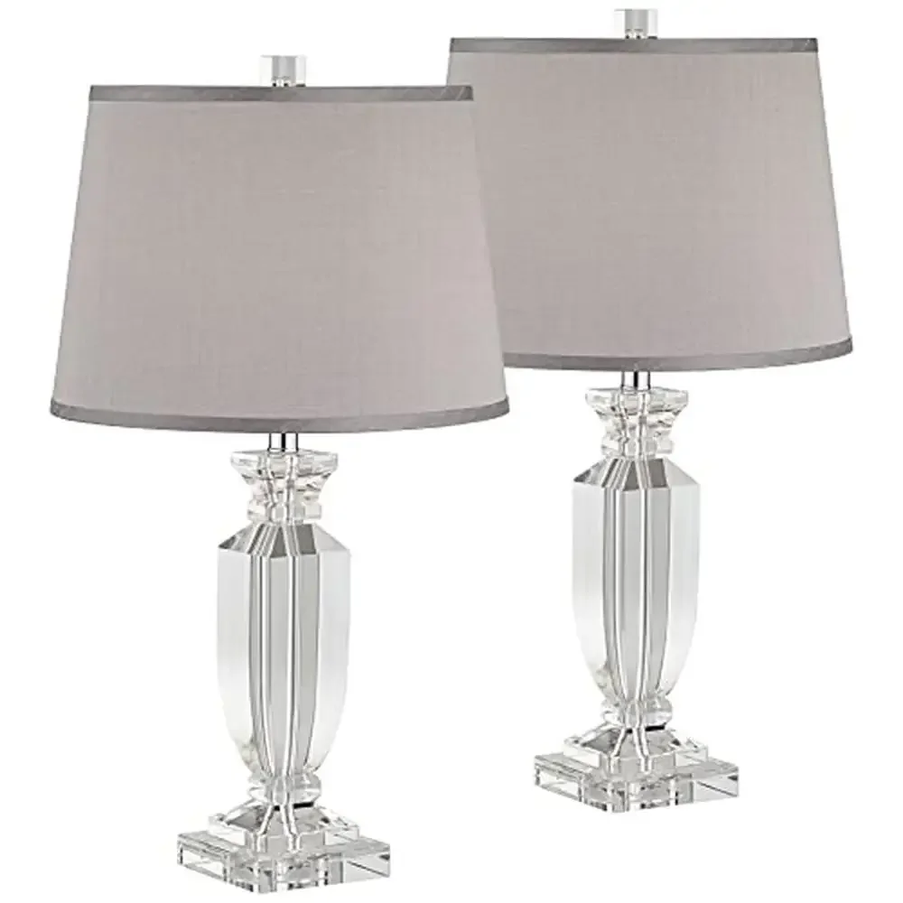 Crystal Table Lamps Set of 2 Modern Gray Drum Lamp Shades Clear Cord Office Bedroom Reading Nightstand House