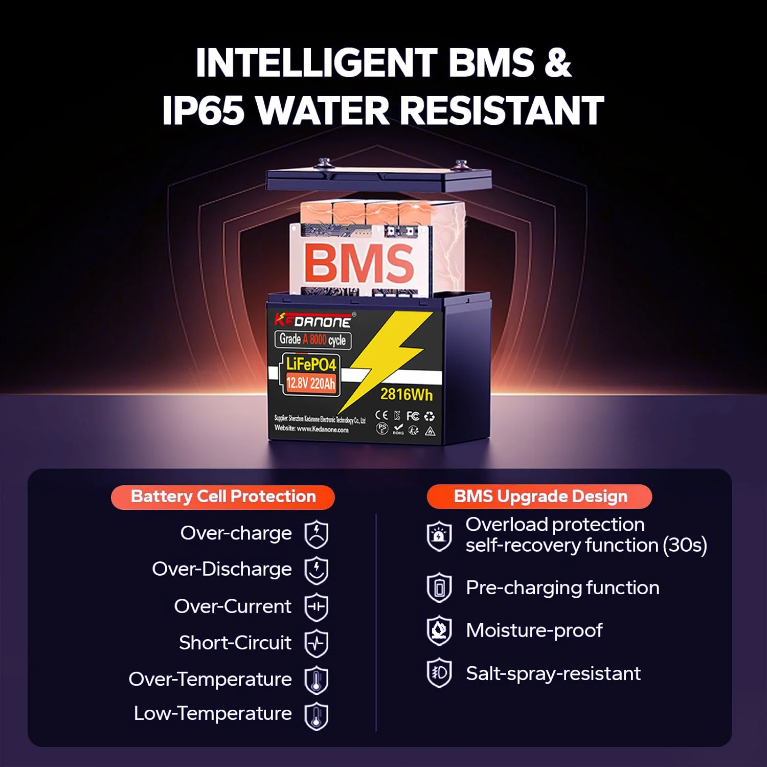 

12V 220Ah 8000-cycle LiFePO4 battery highly suitable for RVs marine/docking boat motors and home energy storage with 100A BM