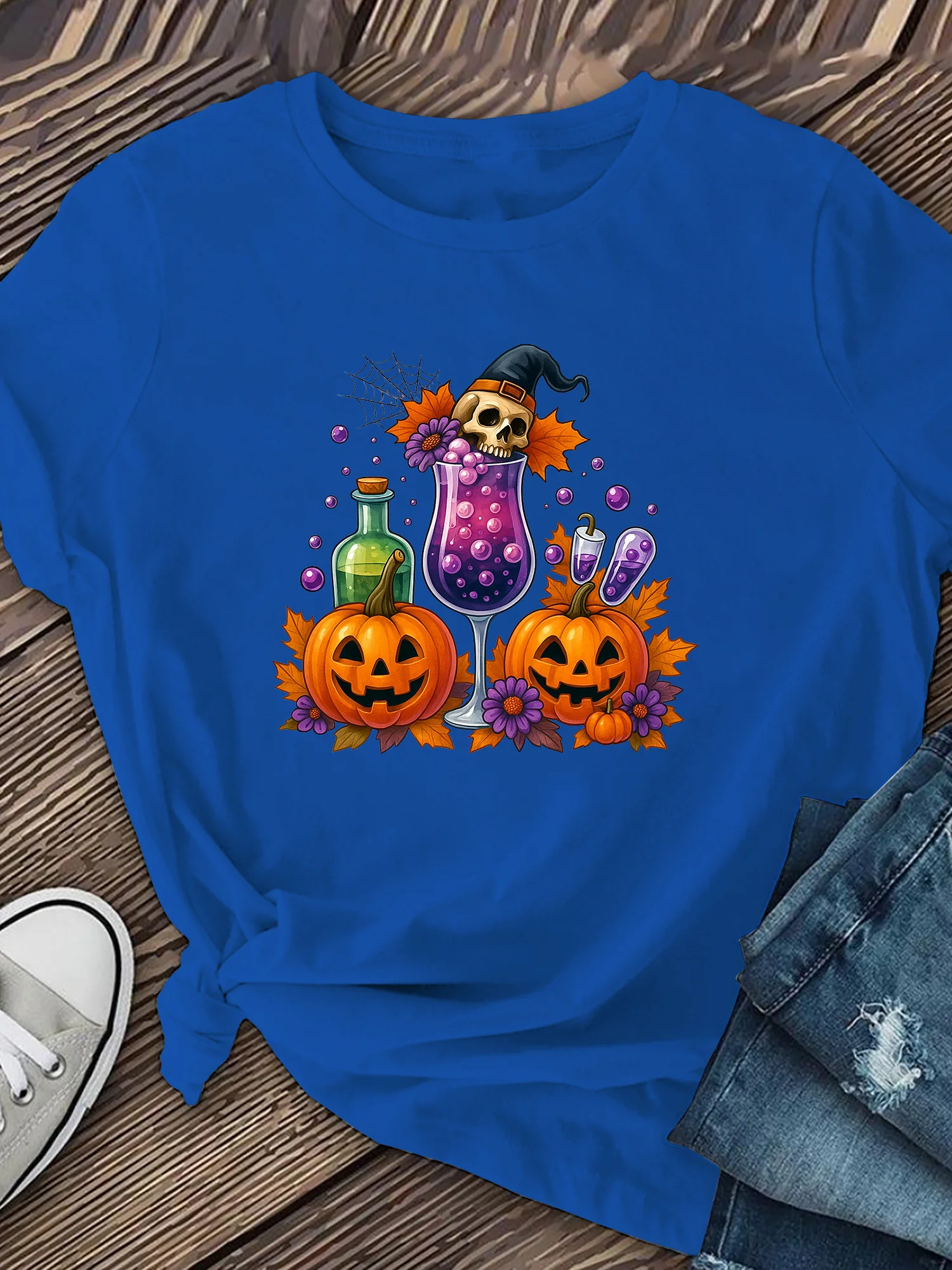 تي شيرت نسائي للهالوين - تي شيرت برسومات على شكل يقطين أزرق ملكي لفصلي الخريف وحفلات الهالوين وملابس كاجوال - قابل للغسل في الغسالة