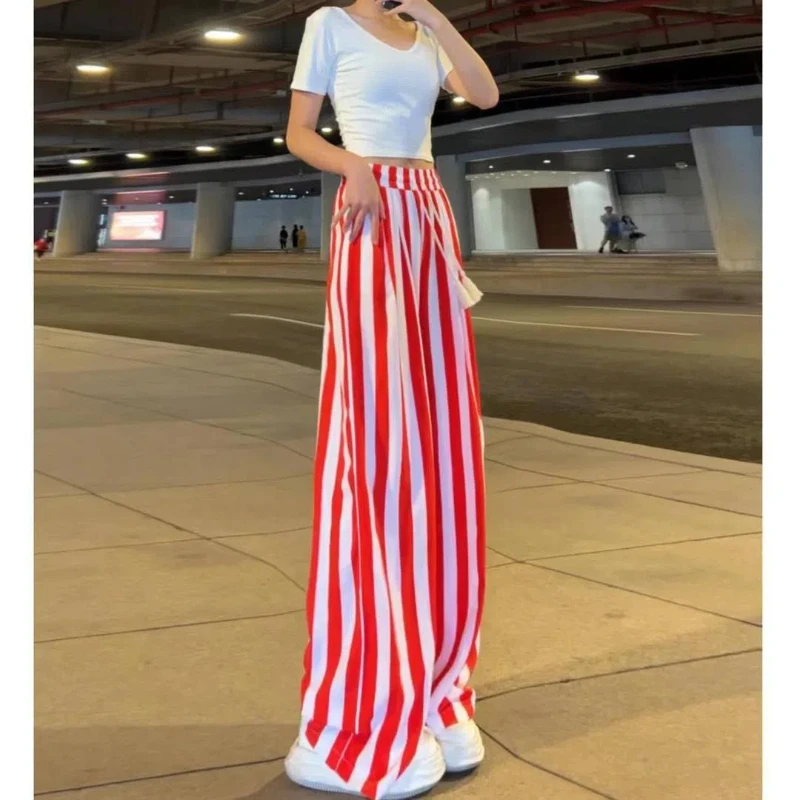 

Trend High Waist Striped Straight Pants Summer New Contrast Patchwork Loose Casual Wide Leg Pants Vintage Fashion Women Clothing