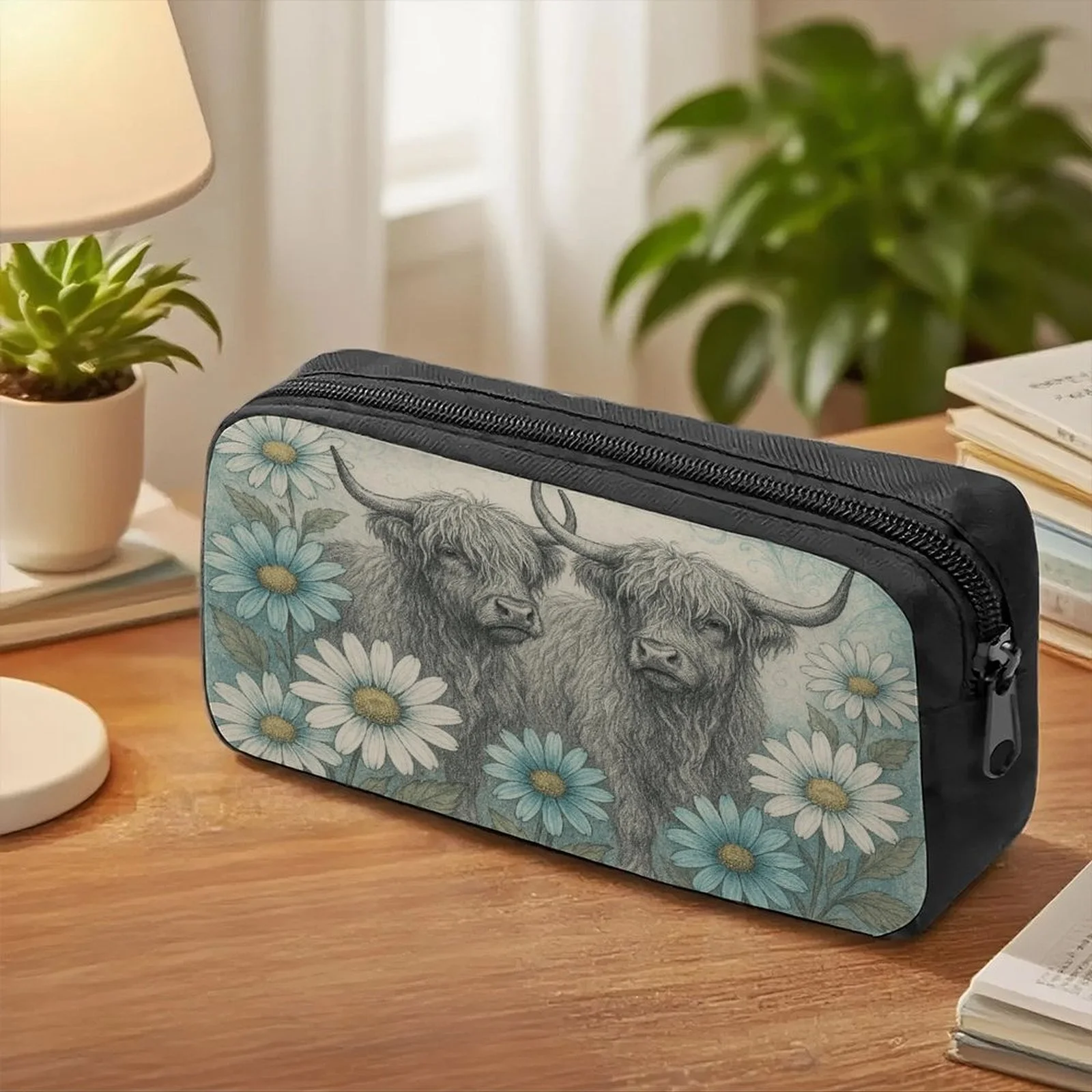 1pc Highland Cattle And Daisies Designed Pencil Case Pen Case, Fashionable Pencil Case with Large Capacity, Novelty Pen Case