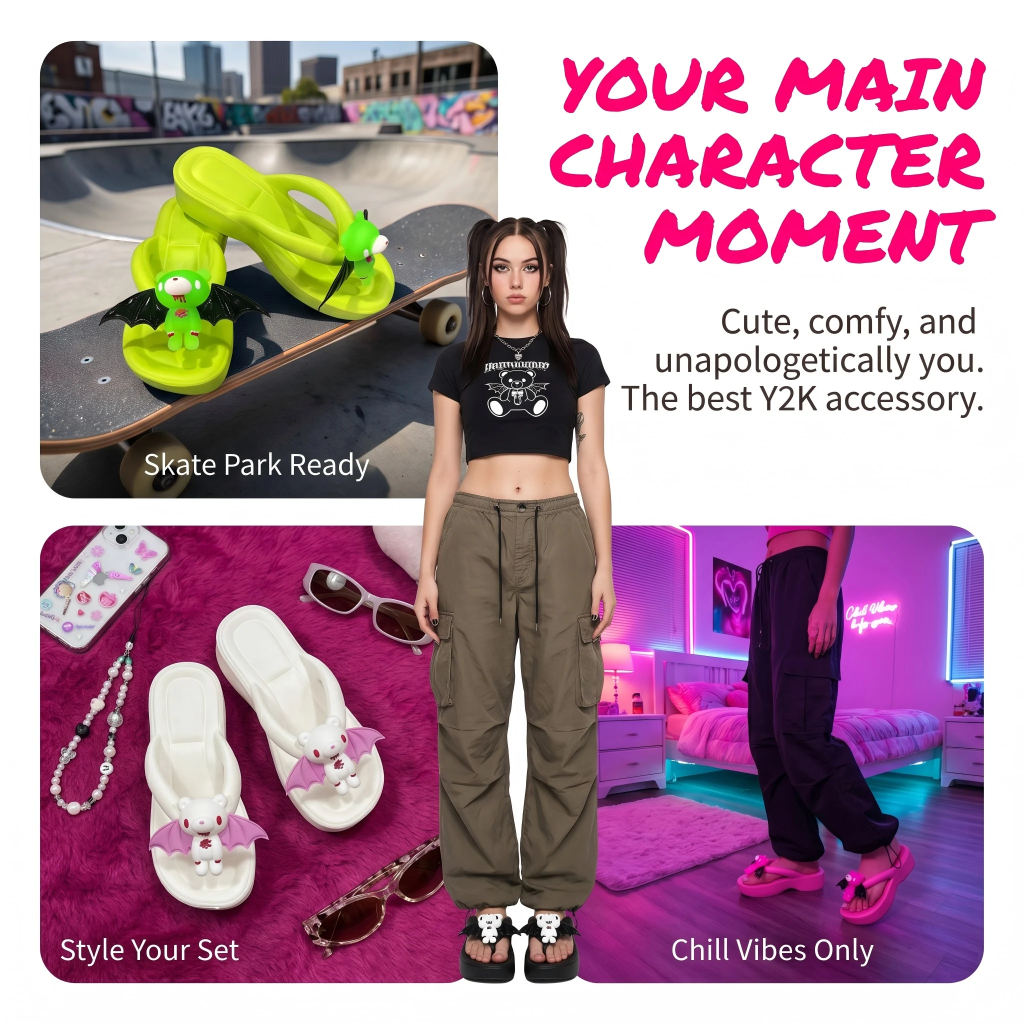 

Bear Bat Wing Flip Flops, Gothic Summer Sandals, Non-Slip EVA Beach Slippers with Cute Edgy Charm