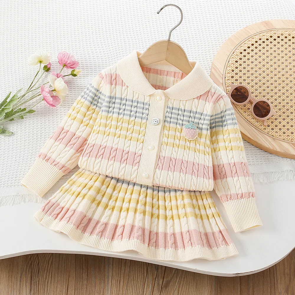 Girls' Sweater Suit Spring Autumn Korean Version Fashionable Contrast Color Striped Fried Dough Twists Knitting Cardigan Set
