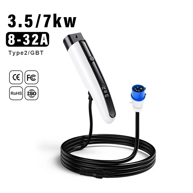 شاحن EV 32A 7KW / 16A 3.5KW مسدس شحن محمول - كابل 5 متر، مقبس Type2 وشاشة LED للمركبات الكهربائية #1