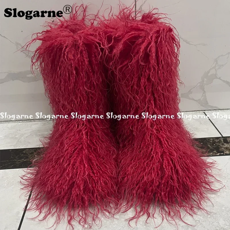 Winter Boots Furry Shoes Women Teddy Fur Snow Boot Fluffy Warm Faux Wool Plush Fashion Foot Wear Ladies New Mongolian Fur Boots