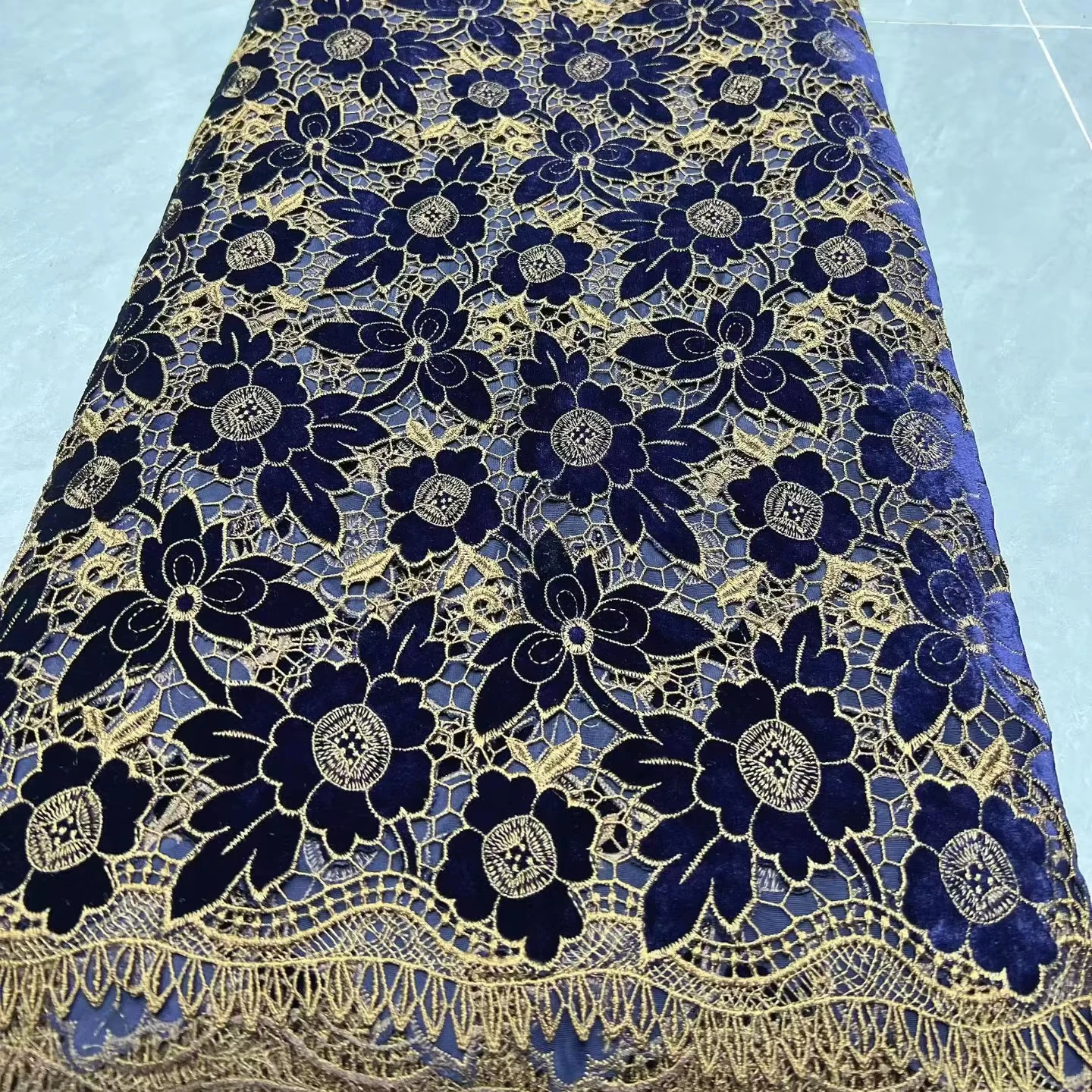 Guangzhou Designer Eco-Friendly DIY Weft Fabric Black Velvet Laser Embroidered Floral Pattern Jacquard Polyester Women's Wedding