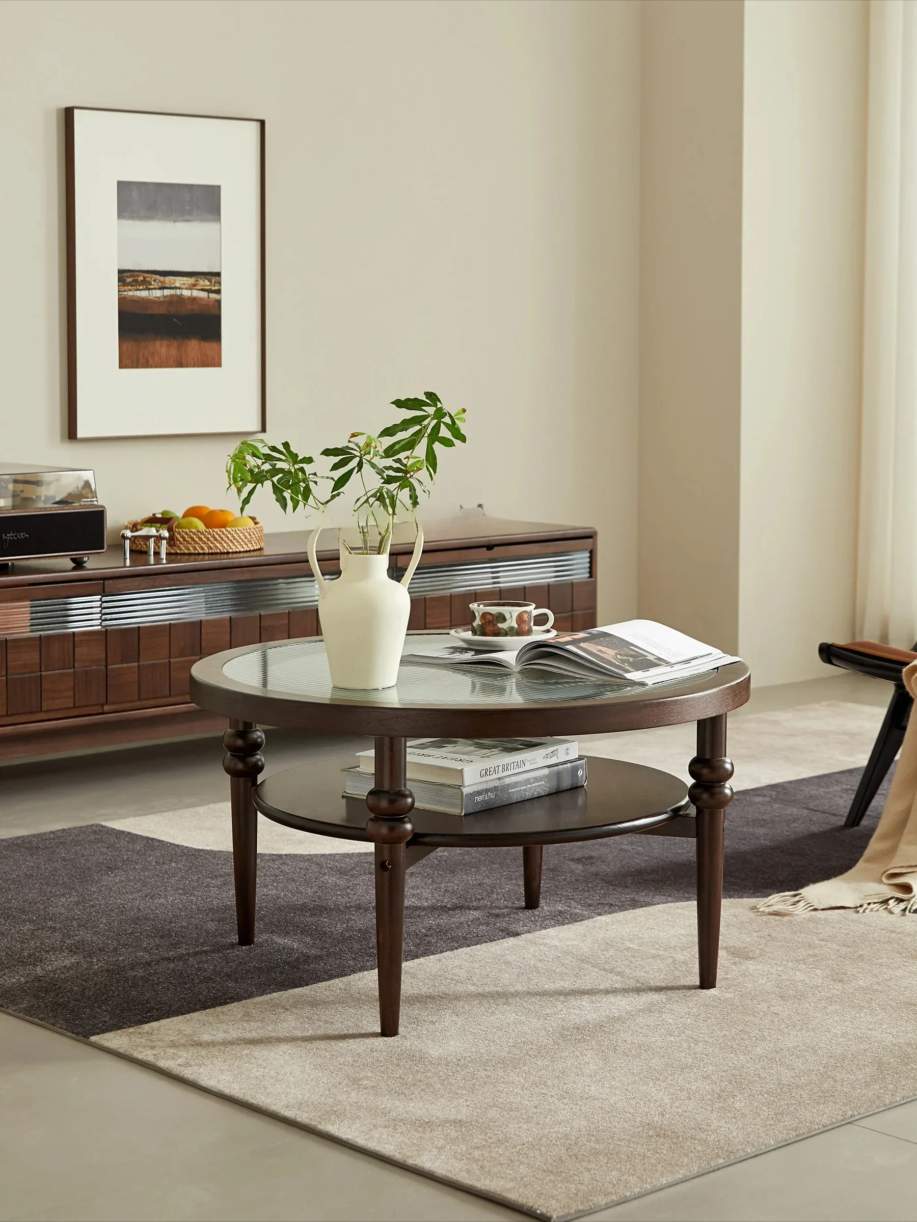 

A Style Solid Wood round Coffee Table Glass Surface Modern Living Room Retro round Tea Table