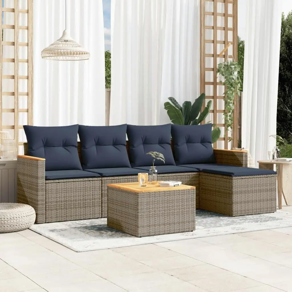 

Comfortable Gray Poly Rattan 6 Piece Patio Sofa Set with Cushions Outdoor Furniture Garden Seating