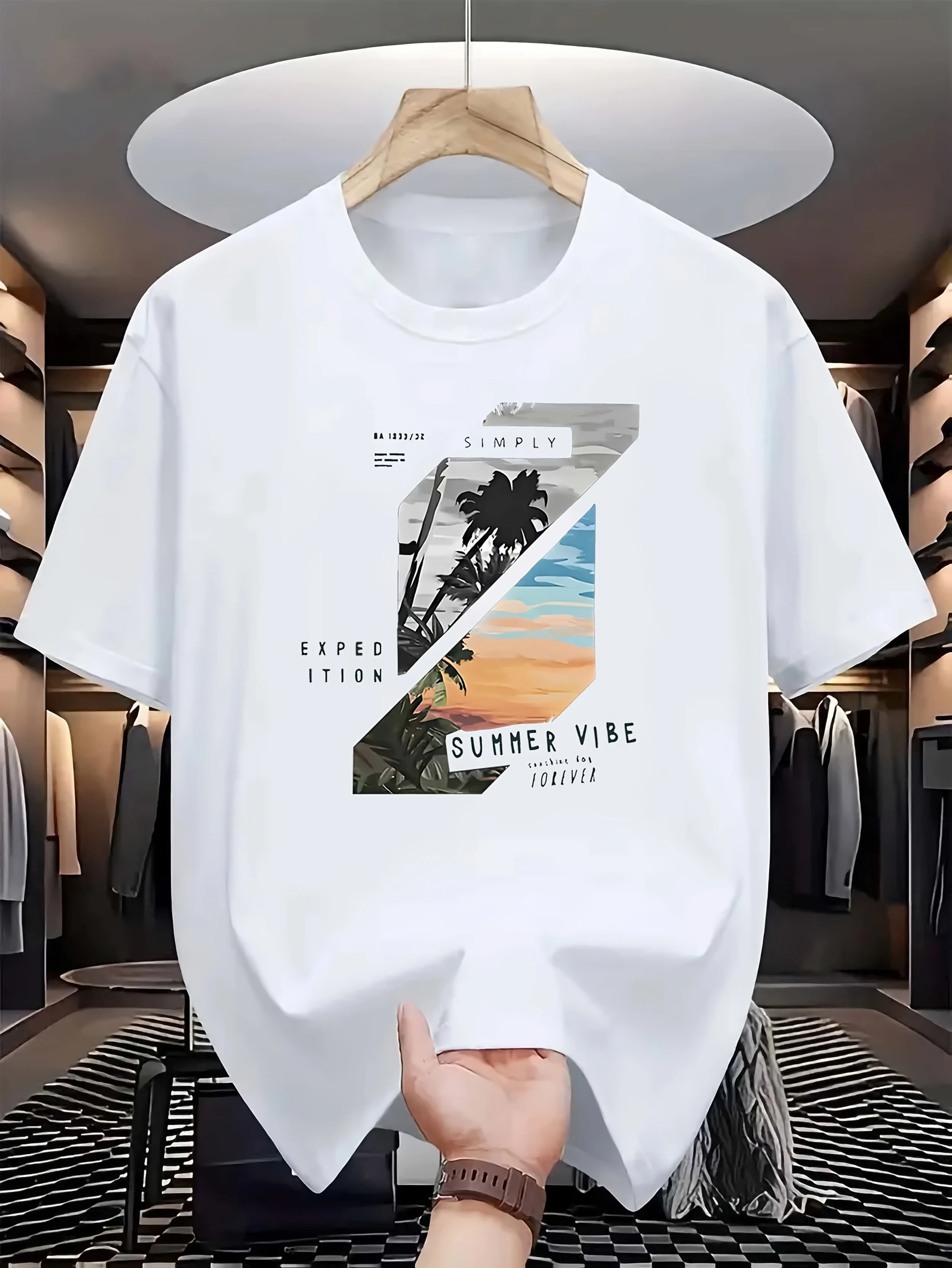 Geometric Summer Vibe Palm Tree Sunset Print on Premium Soft 100% Cotton Mens T Shirt Perfect for Summer Casual Streetwear Style