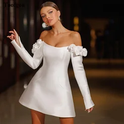 Toofgon A Line Satin Short Wedding Dresses Long Sleeves Off The Shoulder Bridal Gowns Corset Back Formal Party Gowns Customized