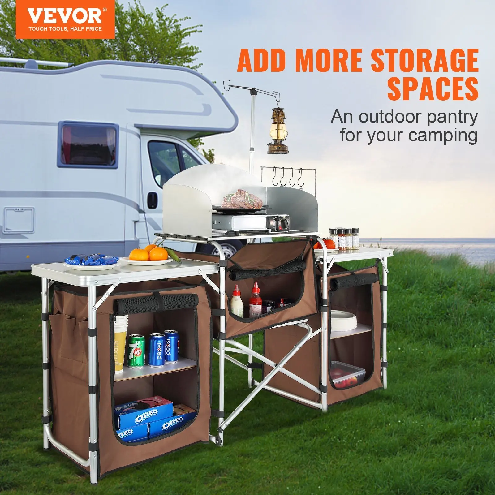 Brown VEVOR Camping Kitchen Table Quick Set-up for Picnics, BBQ, RV Traveling