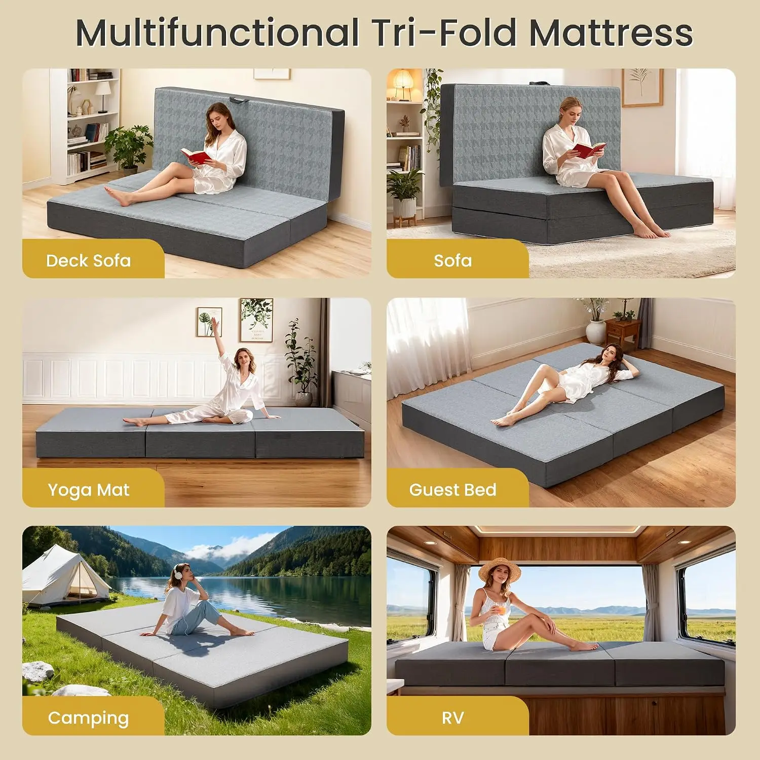 Tri Folding Mattress Twin Size 6 Inch Dual Layer Memory Foam Foldable Mattress Portable Futon Sofa Bed Frame Mat With Washable Cover Handle Non Slip Bottom For Camping RV Guest Yoga Room Gray, 1 Piece