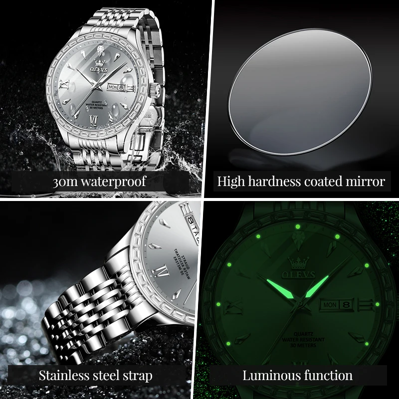 OLEVS 9922 Men Watch Luxury Brand Diamond Quartz Watch Original Dual Calendar Formal Business Waterproof HD Luminous Men Watch
