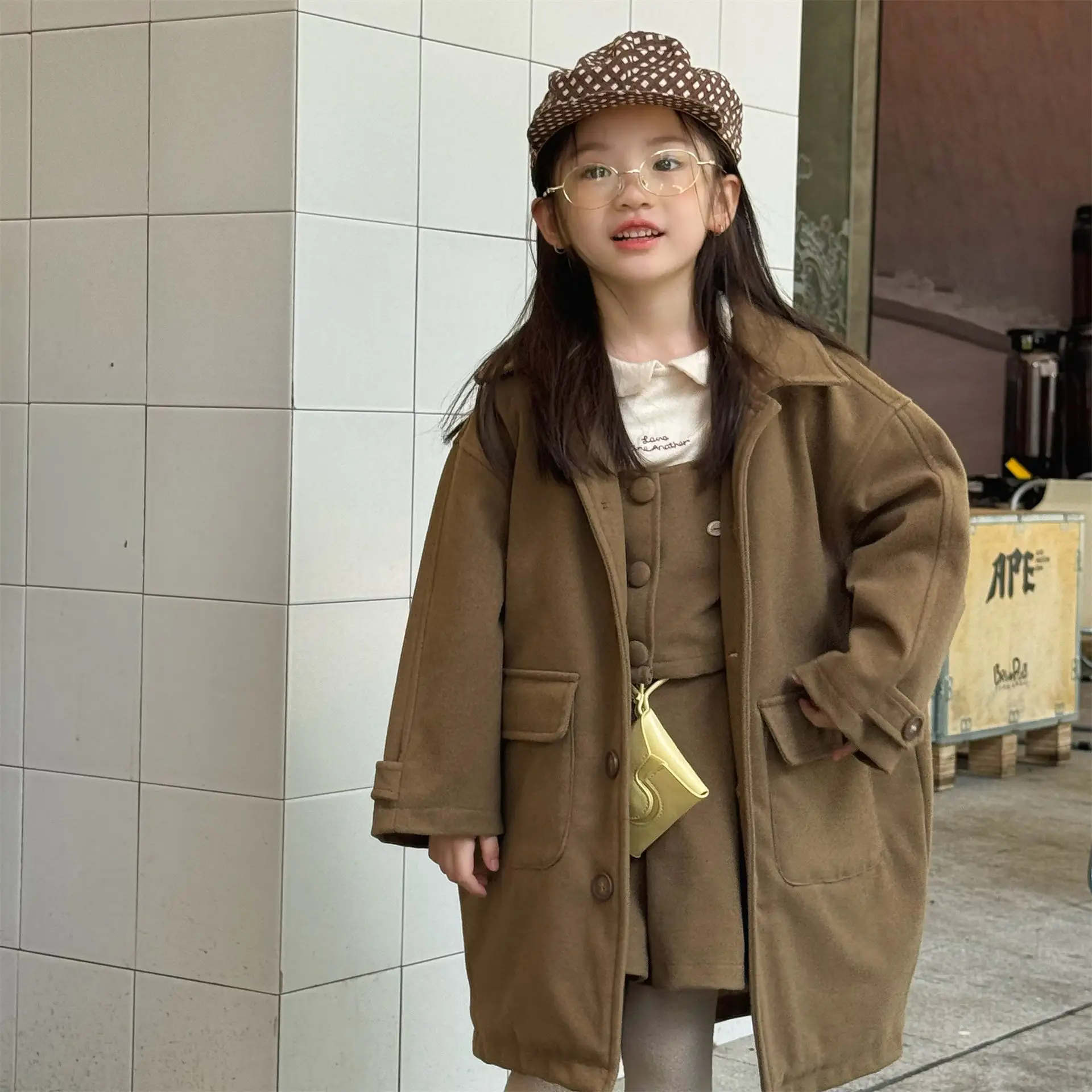 456  ‌Kids Winter Fall Children Korean Style Wool Blend Trench Coat for Girls Toddler Outerwear Long Sleeve Windproof Jacket
