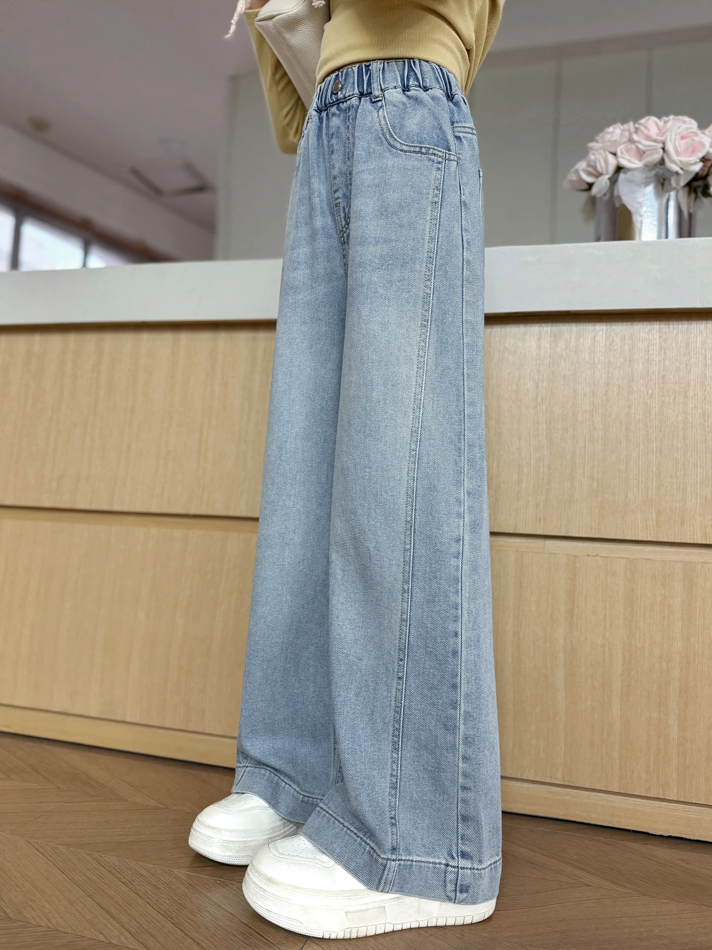 

Spring Faion Wide Leg Jeans for Girls Patchwork Loose Fit Elastic Waist Denim Pants Knot Detail Toddler Kids Clothes