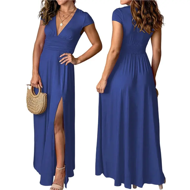 

Женское длинное вечернее платье макси CYL с глубоким V-образным вырезом, однотонное, плиссированное, с высокой талией и разрезом, для клуба и вечеринок