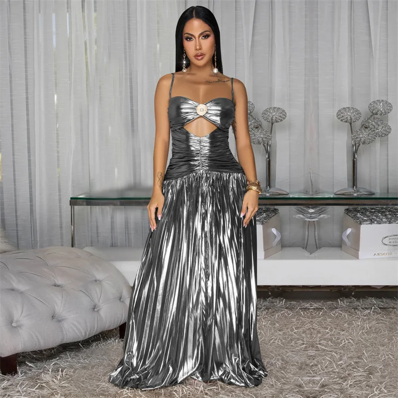 Doyerl glanzende metallic verjaardagsjurk voor dames, clubfeest, spaghettibandjes, strapless, uitgehold, gerimpeld, A-lijn, geplooide maxi-jurk
