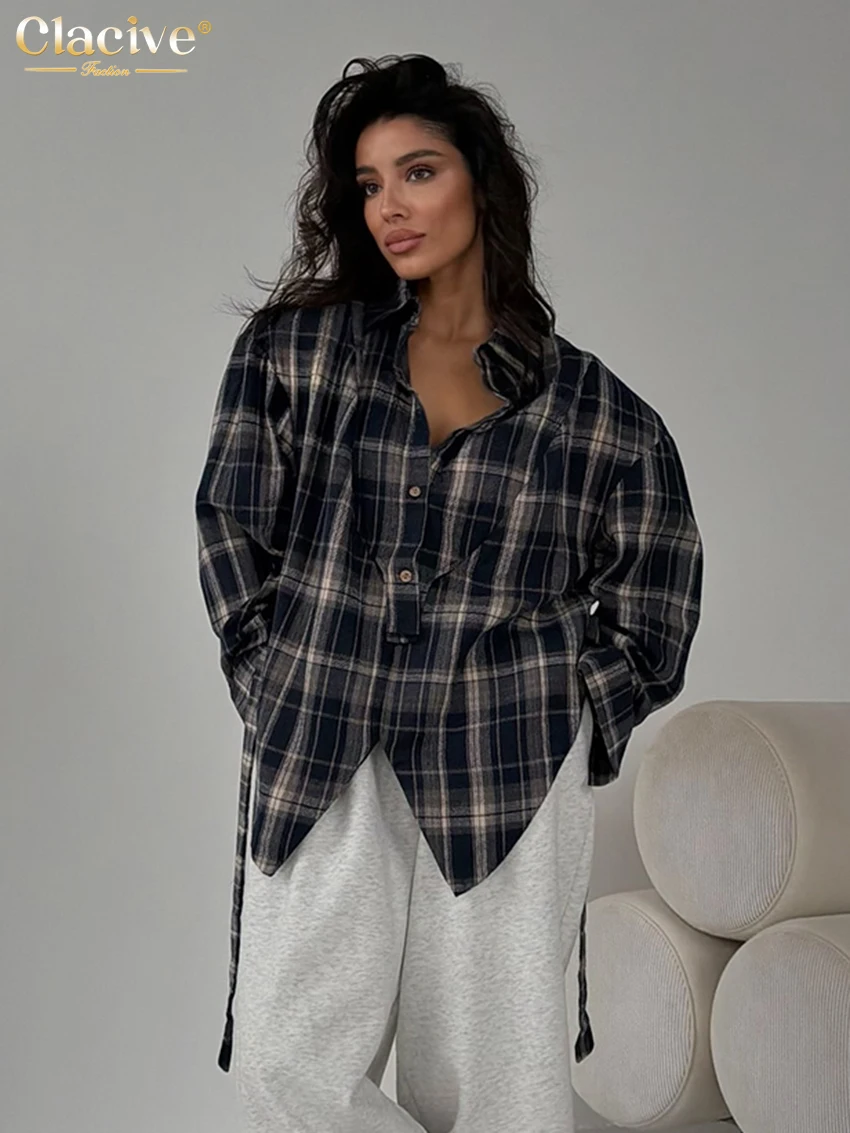 Clacive ファッションルーズチェック柄女性のブラウス 2026 ヴィンテージラペル長袖シャツエレガントなクラシックレースアップトップ女性服