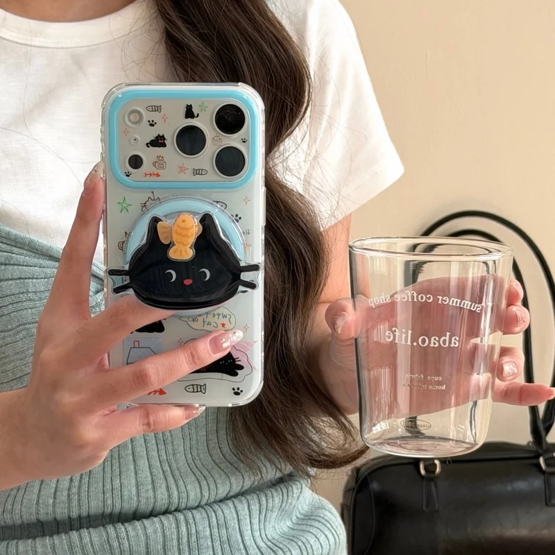 

Fashion Cute Cartoon Black Cat Magnetic Phone Case For iPhone 17 Pro 16 15 14 Pro Max Cover with Stand For Magsafe Cases Lovely