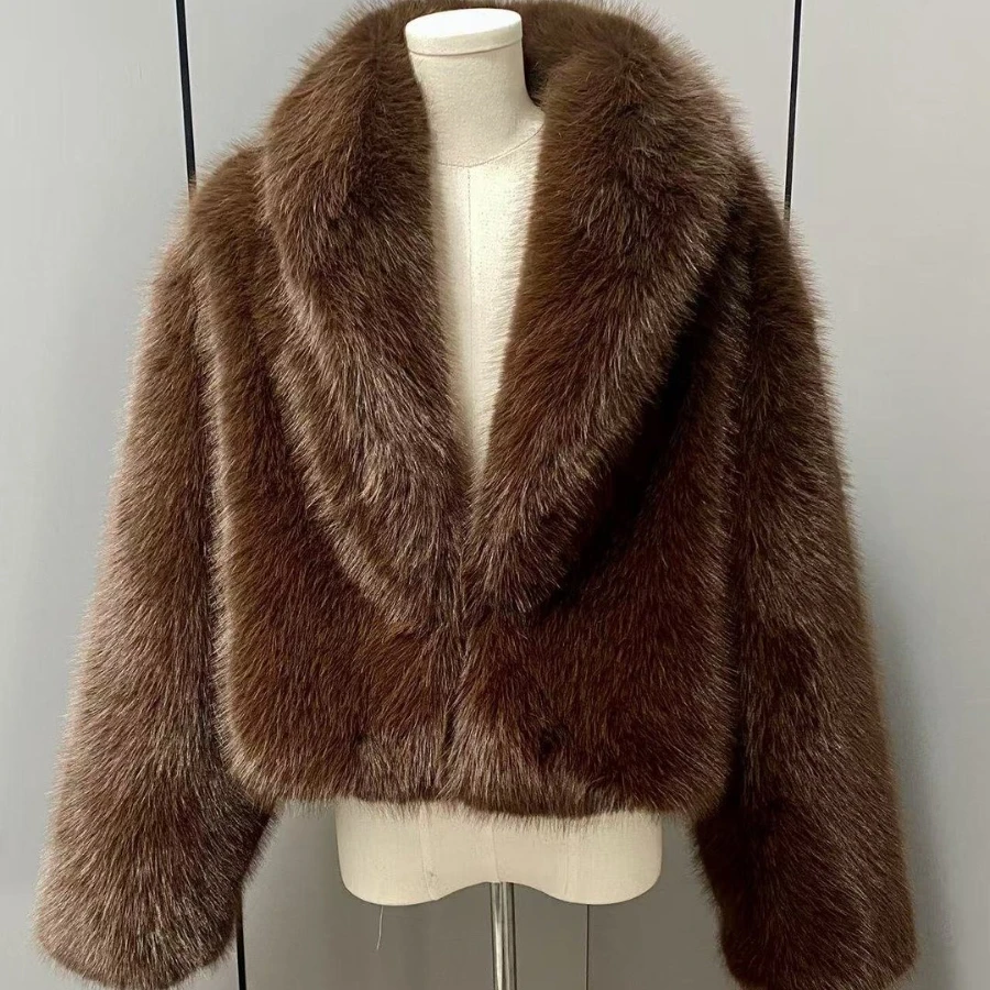Manteau court écologique en fausse fourrure de renard, marron, style vintage, vêtements d'hiver pour femmes