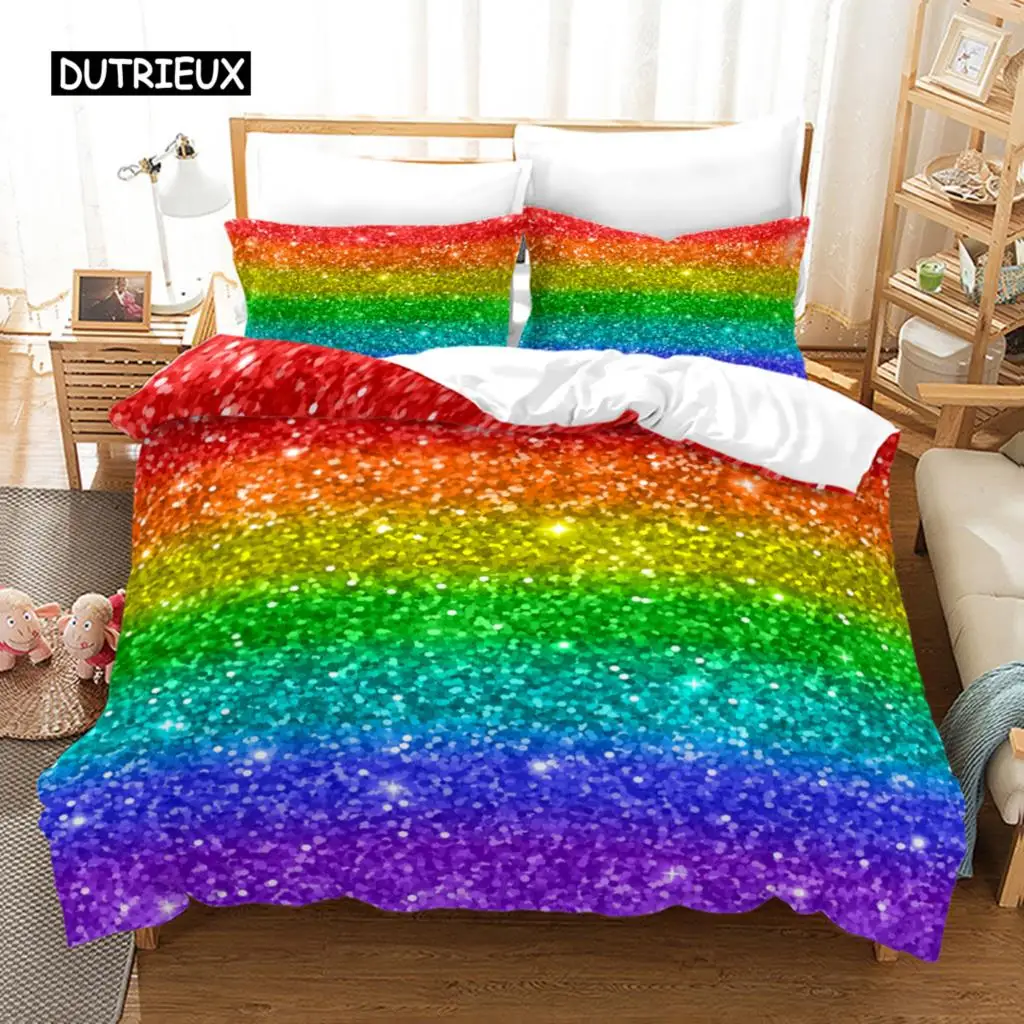 

Gradient Duvet Cover Set Microfiber Rainbow Striped Glitter Sequins Quilt Cover Double Queen King Size 2/3pcs Comforter Cover