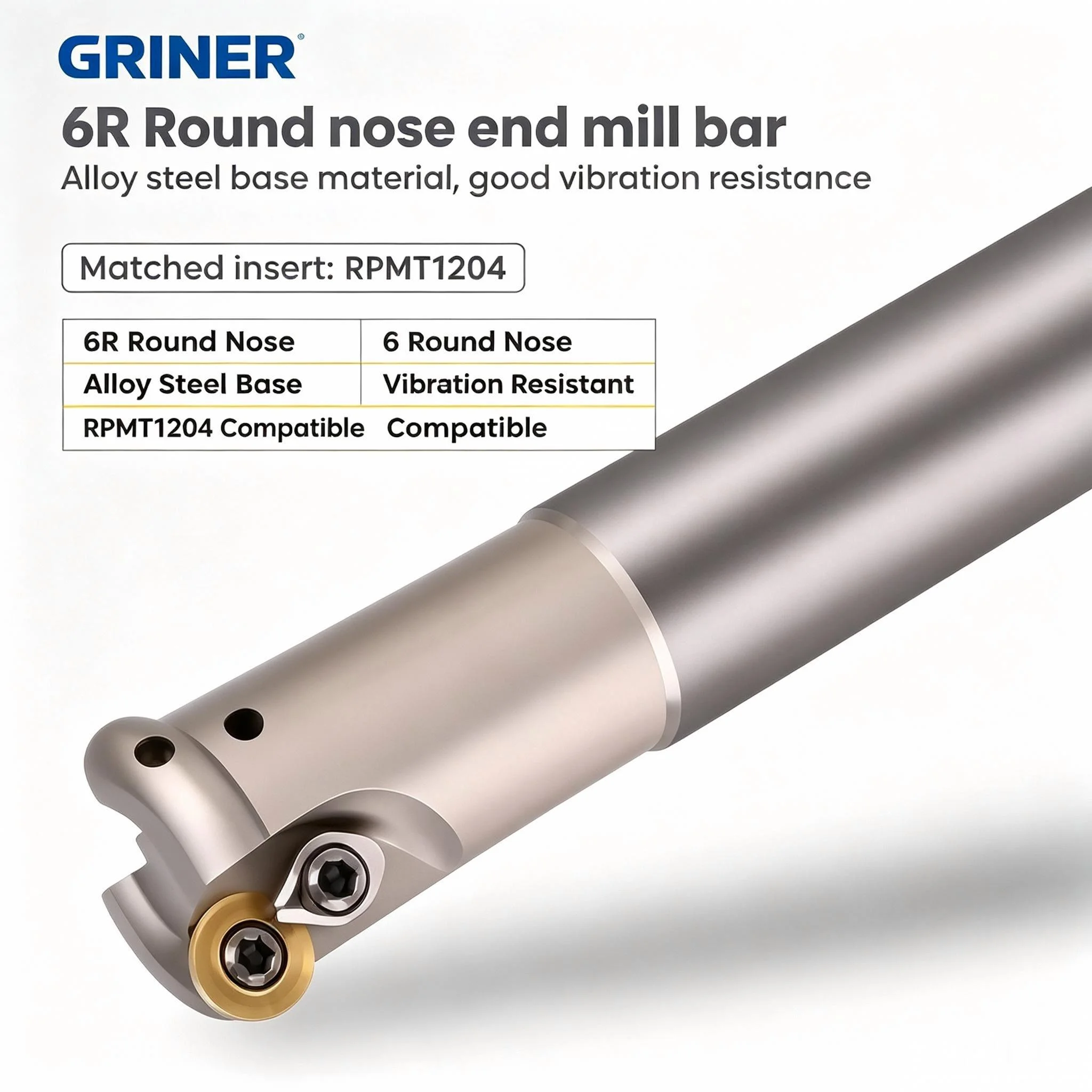 GRINER EMR Bull Nose Milling Cutter Holder Anti‑Vibration Hardened Extended Length For CNC Machining Center, R6 Insert Holder 20
