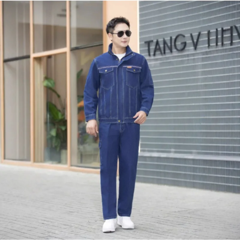 

Spring Autumn Thiened Denim Workwear Set for Men Long Sve Zipper Closure Labor Protection Clothes Loose Fit Dirt Resistant