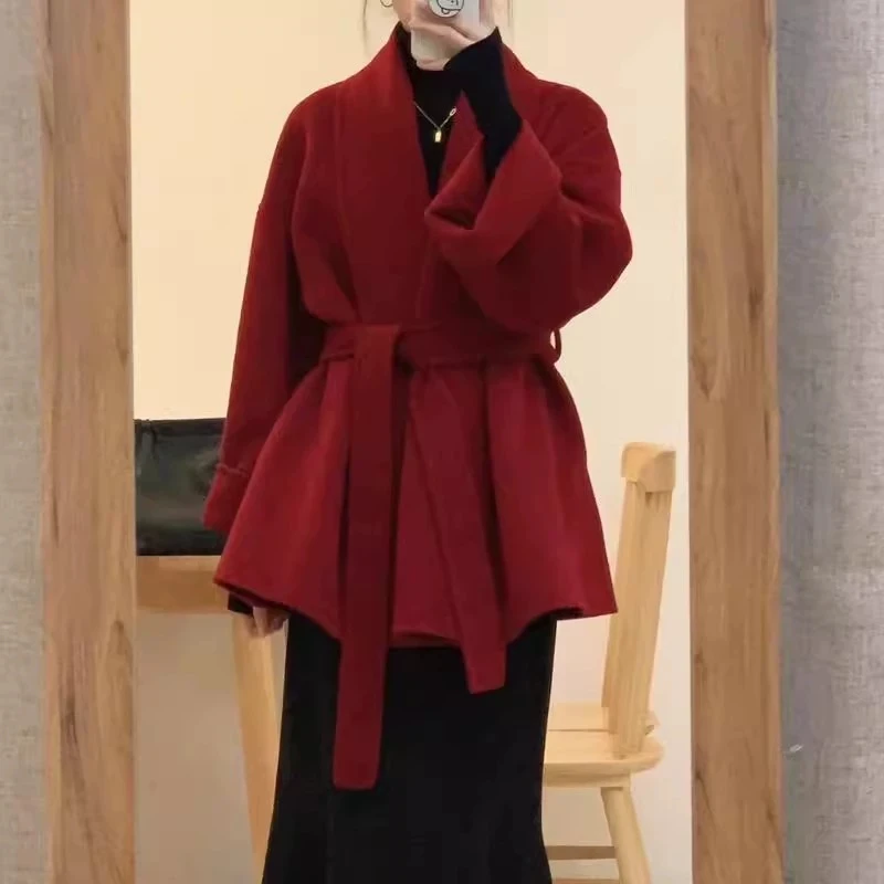 

Red Short Double-sided Cashmere Woolen Ccoat for women 2026 Winter New High-end Temperament Wool Coats With belt