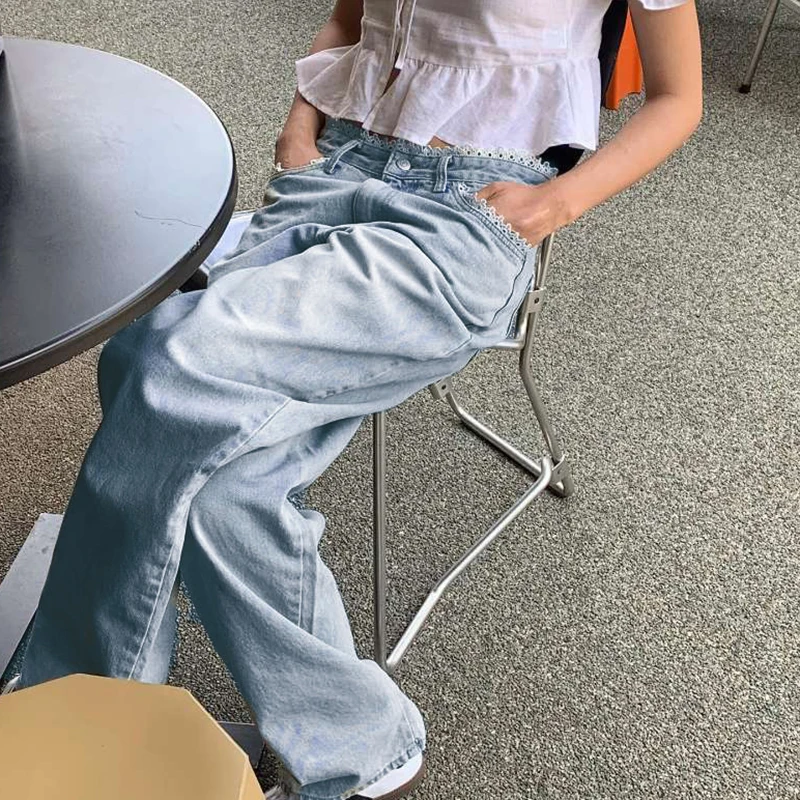 Darlingaga Korean Fashion Straight Leg Women Jeans Outfits Low Waisted Lace Patchwork Sweet Girls Denim Trousers Pants Harajuku