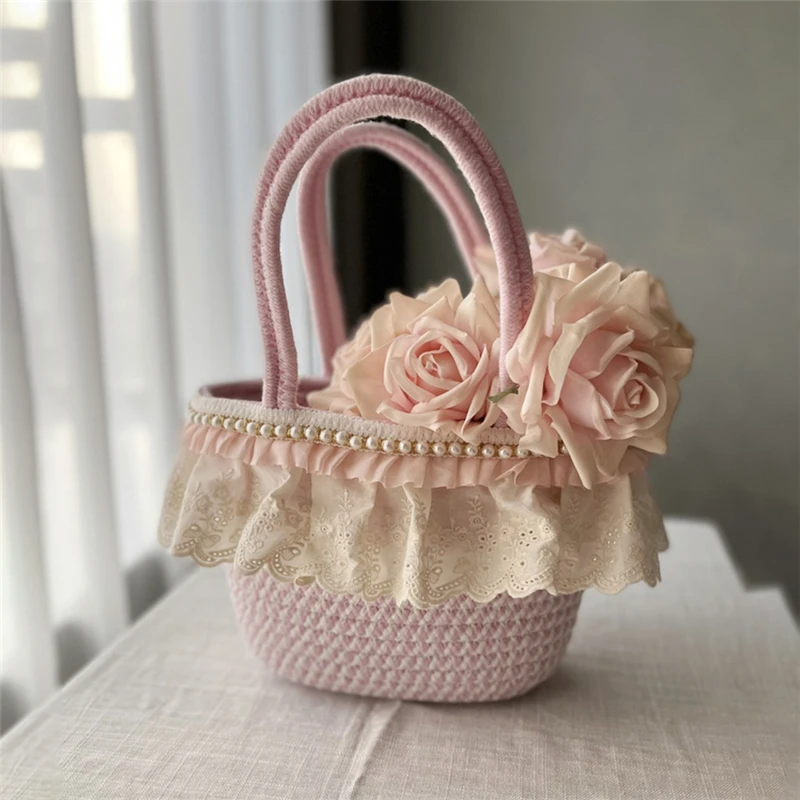 Korean Lace Storage Basket Cotton Rope Woven Home Decor Desktop Cosmetics Storage Container Portable Fruit Flower Picnic Basket