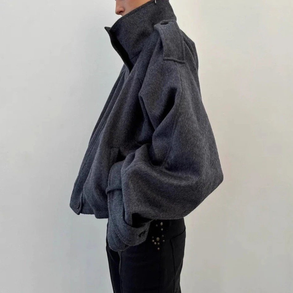 Solid High Neck Woolen Short Coat Epaulet Decor Cuff Strap Design Baggy Drop Shoulder Warm Women Fall Winter Outerwear 260602