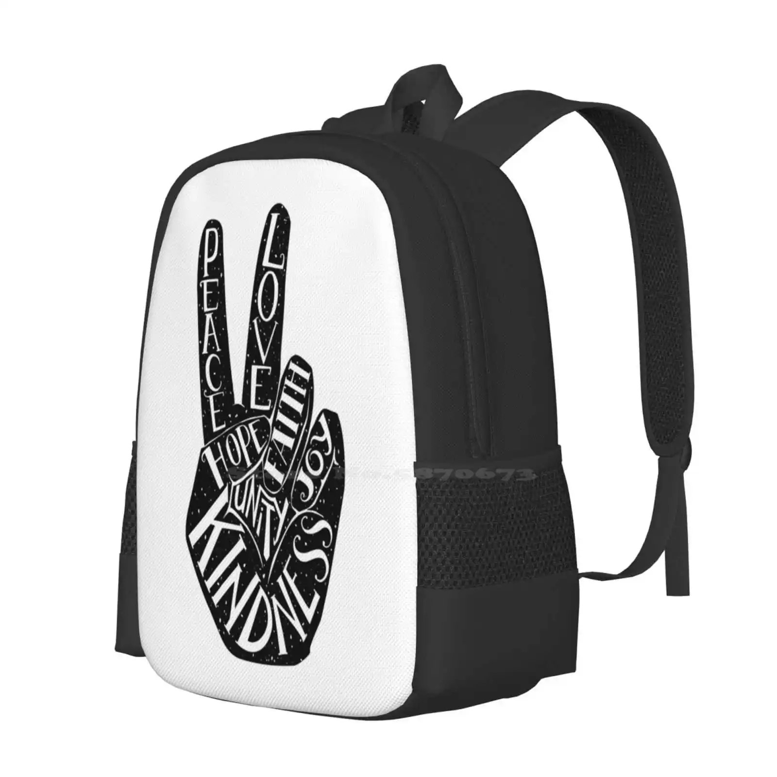 Peace Sign With Words Peace , Love , Faith , Joy , Hope , Kindness , Unity Fashion Pattern Design Travel Laptop School Backpack