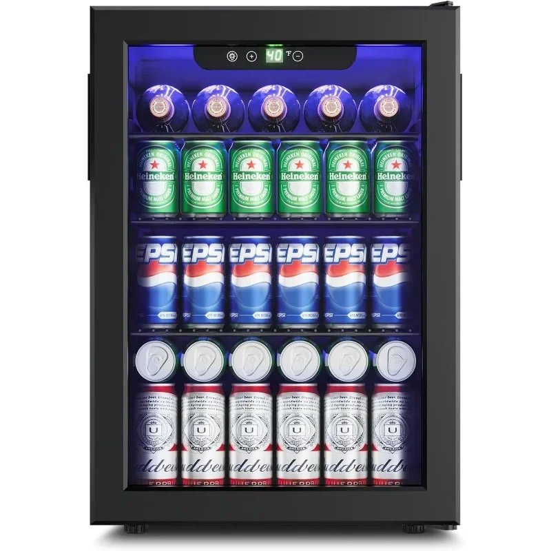 2.6 Cu.Ft Beverage Refrigerator Cooler - 95 Can Mini Fridge Glass Door for Soda Beer Wine, Small Refrigerator for Bedroom Office