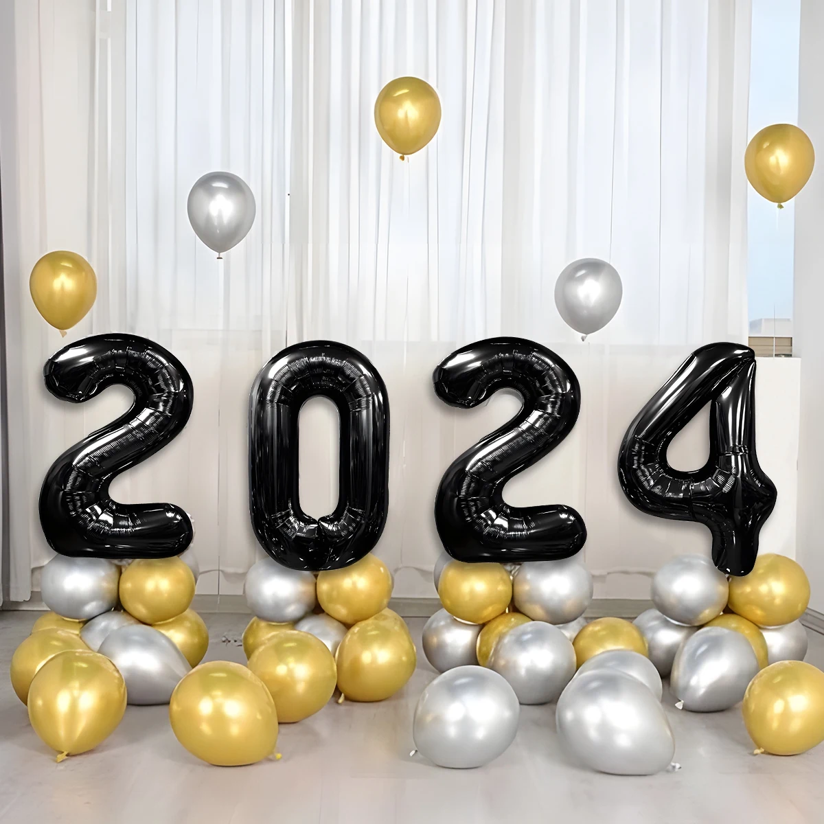 4pcs New Year 2024 Number Foil Balloons Gold Silver Black Balloon Happy New Year Christmas Party Decorations Navidad Noel Gift