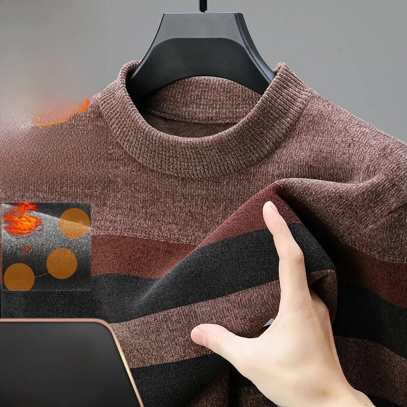 

Men's Winter Thiened Fce f-High Collar Knitted Sweater Casual Stripe Faionable Base irt Soft Warm Long Sve