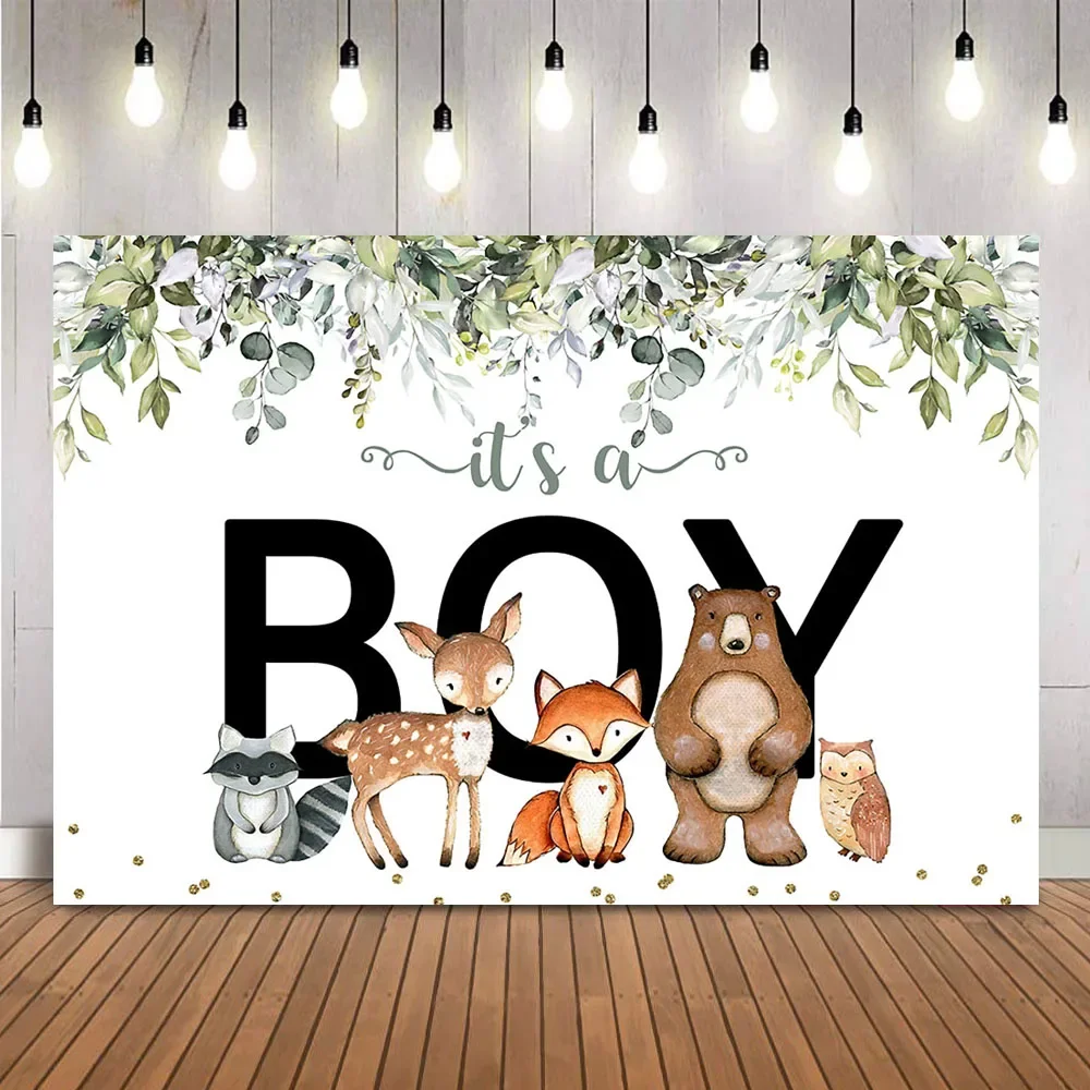 Greenery Safari Jungle Backdrop It's a Boy Background for Baby Shower Party Supplies Woodland Animals Photo Background Boy Child